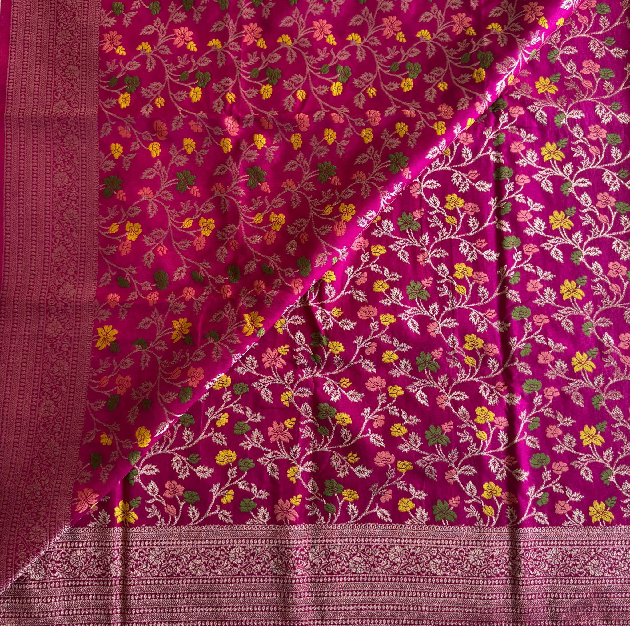 Fuchsia Gold Brocade Floral Saree Rich Woven Pallu Tassels Traditional