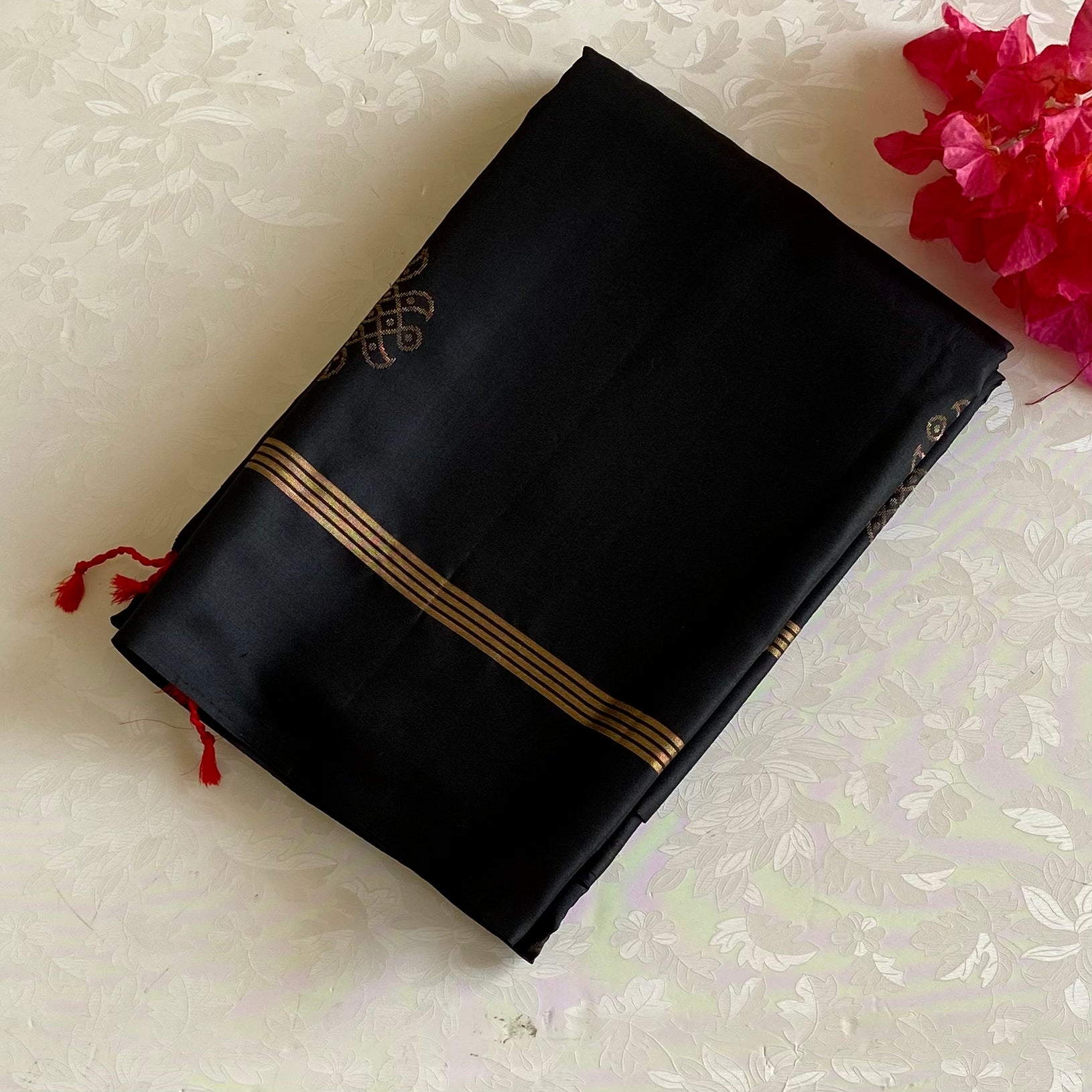 Jet Black Designer Pure Silk Saree With Scarlet Red Kollam Zari