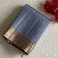 Steel Blue Designer Raw Pure Silk Saree With Antique Gold Pallu & Pastel Green Blouse