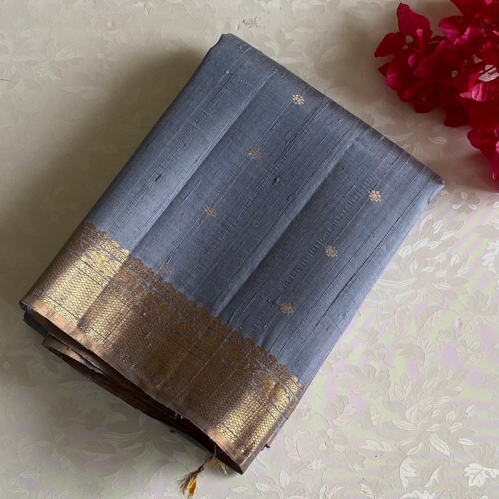 Steel Blue Designer Raw Pure Silk Saree With Antique Gold Pallu & Pastel Green Blouse