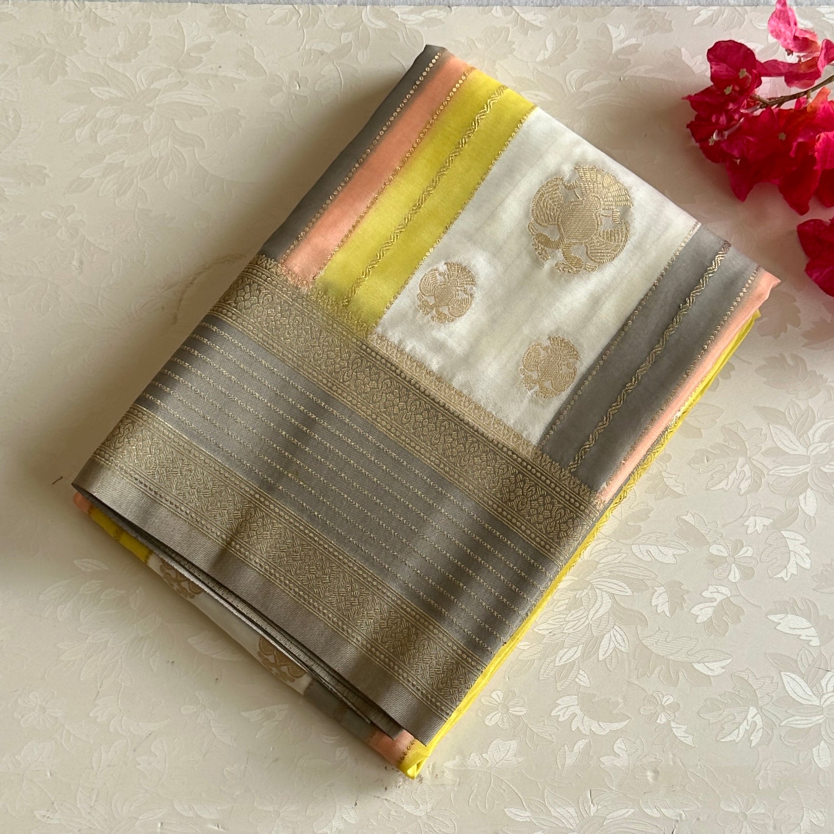 Gandaberunda Designer Soft Crepe Silk With Pearl Beige Lemon Yellow