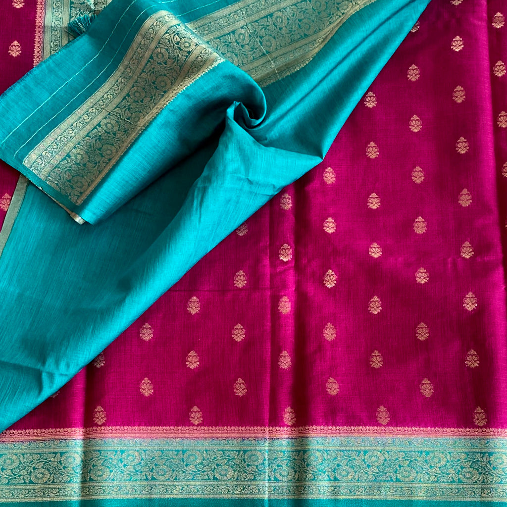 Deep Fuchsia Teal Brocade Silk Saree Silver Zari Tassel Pallu