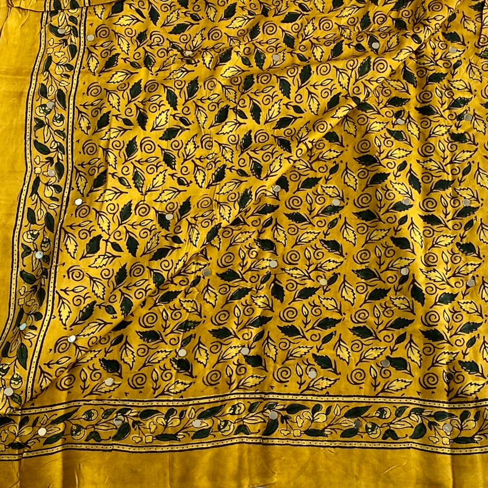 Dreamy Mustard Hand mirror. Work Ajrakh Handblock Printed Silk Saree For Festive