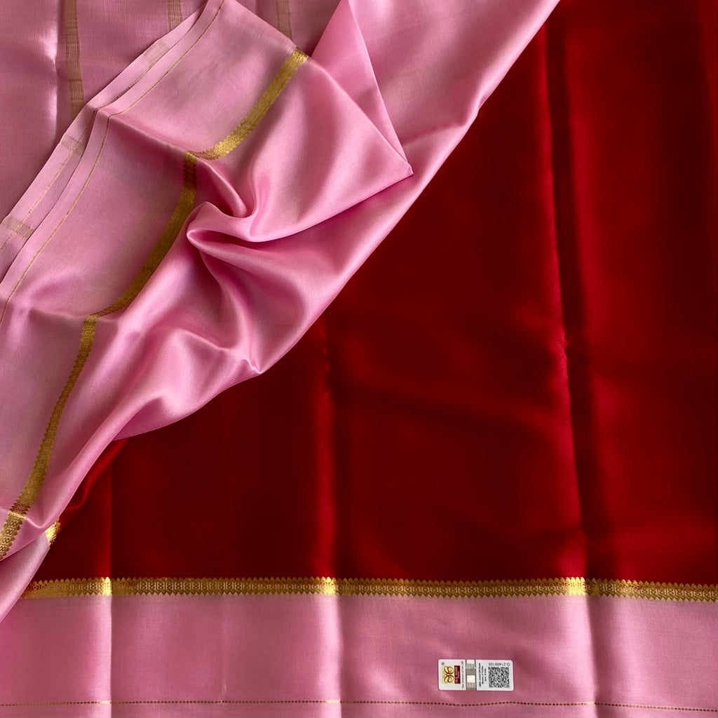 Crimson Red Lightweight Mysore Crepe Silk Saree With Pastel Pink Pallu