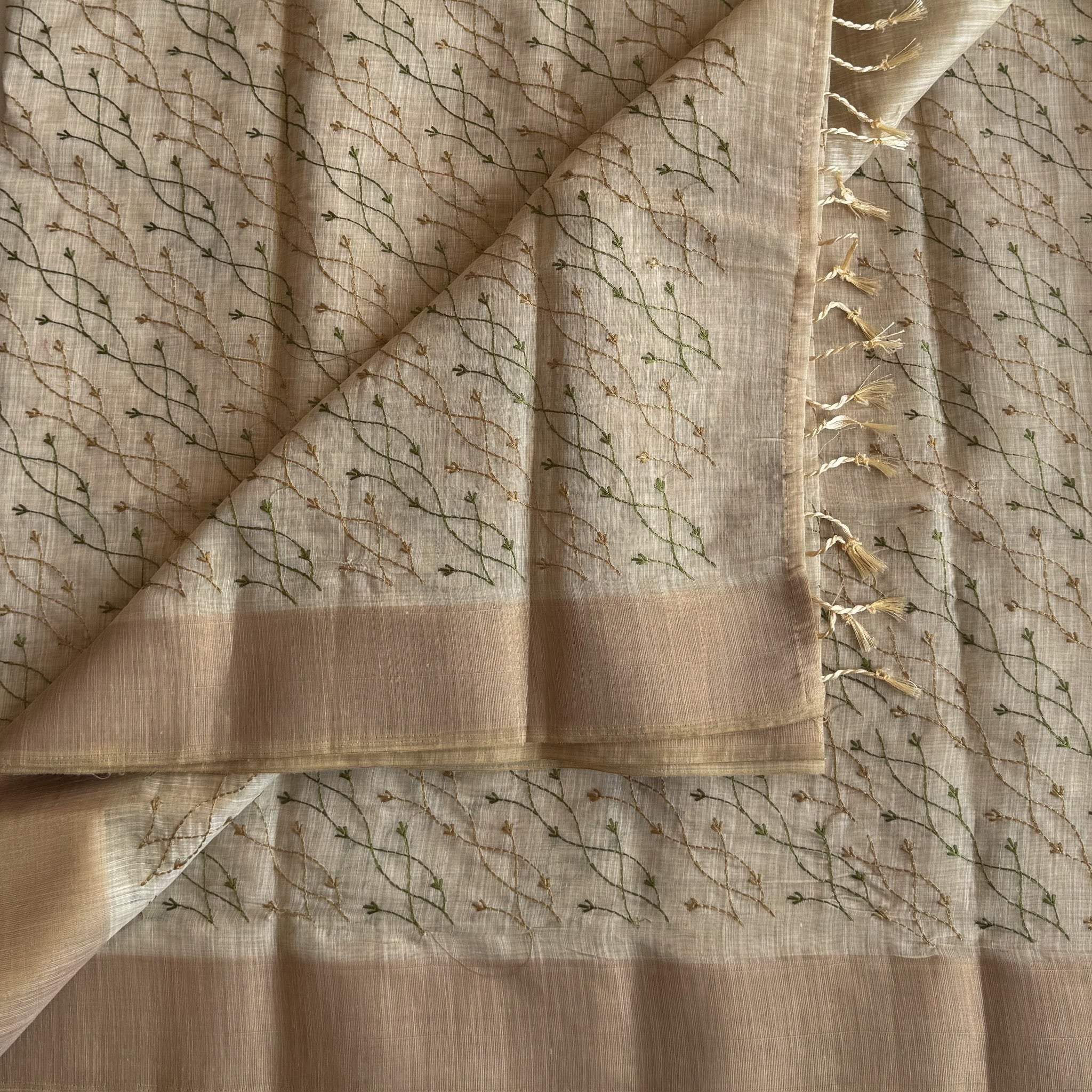 Ivory Taupe Vine Embroidered Saree Lightweight Fringed Pallu Elegant Traditional