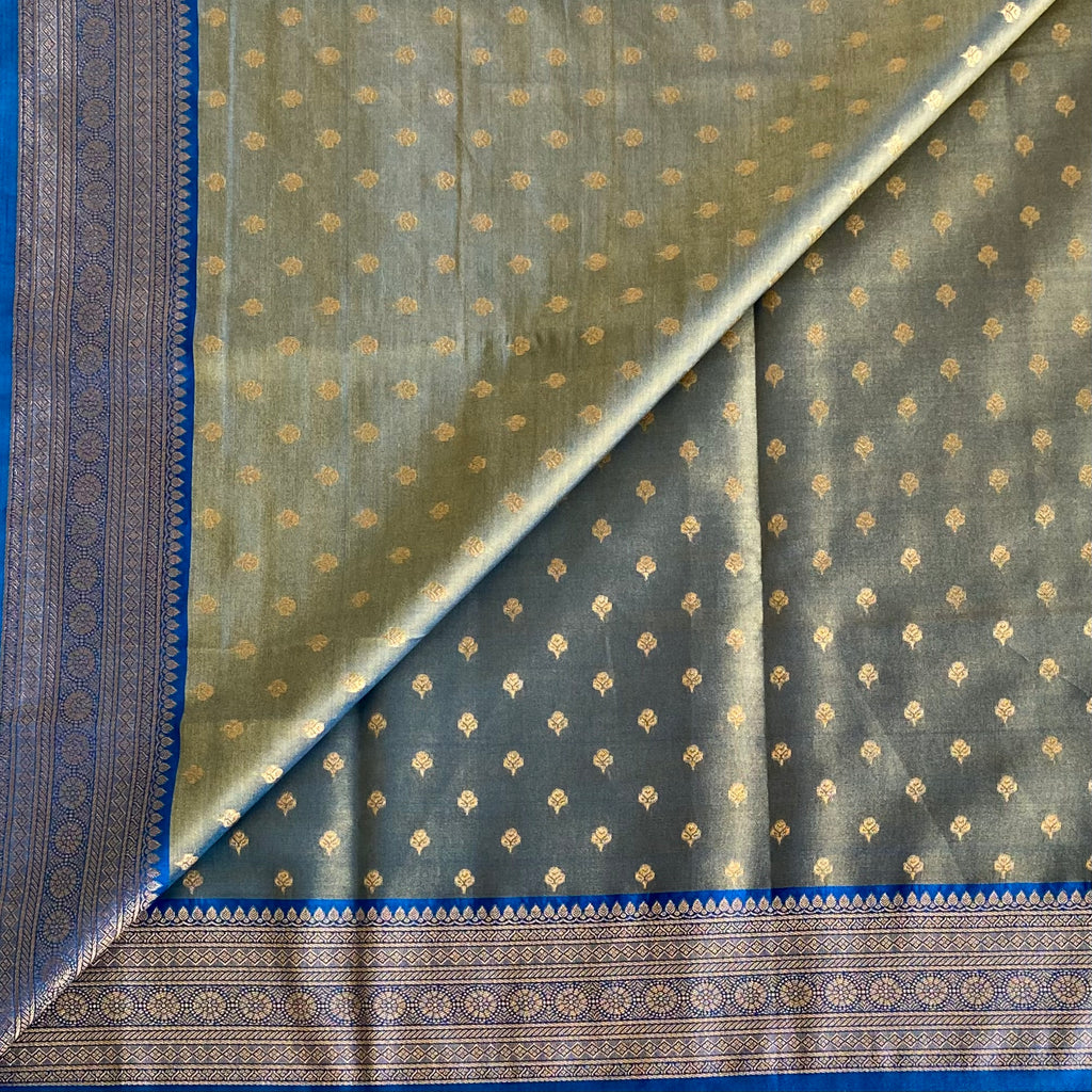 Traditional Teal Brocade Saree Antique Gold Pallu Deep Blue Border