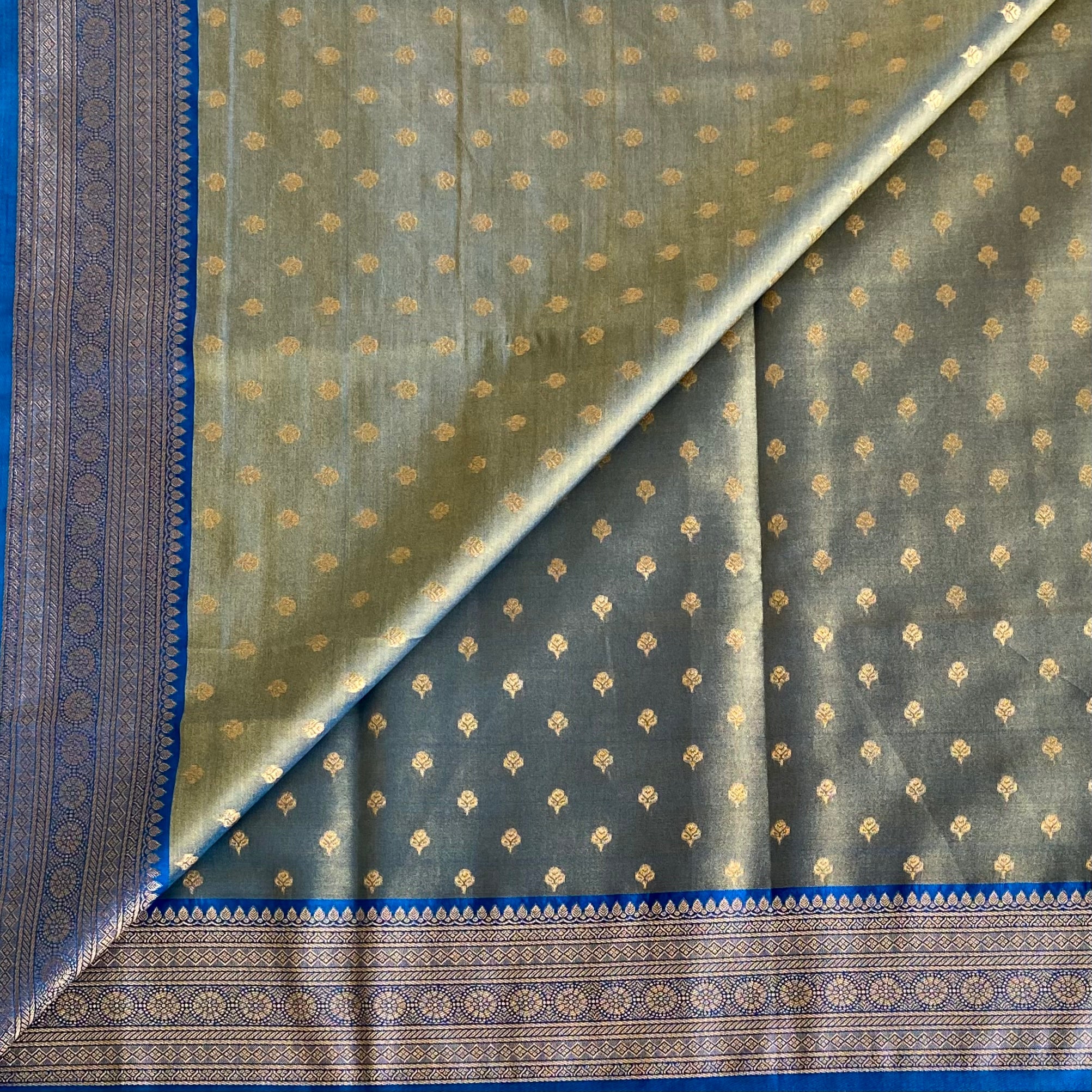 Traditional Teal Brocade Saree Antique Gold Pallu Deep Blue Border