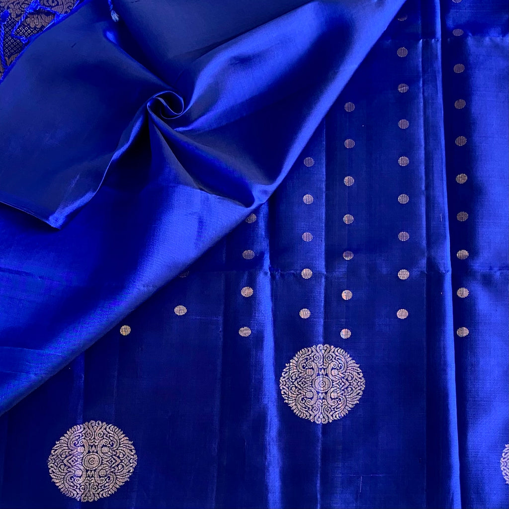 Royal Blue Designer Pure Silk Saree With Metallic Gold Diamond Pallu