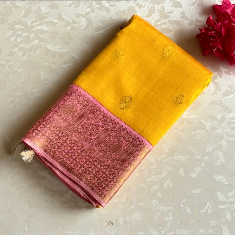 Golden Yellow With Stunner Metallic Rose Pink Pure Zari Kanjeevaram