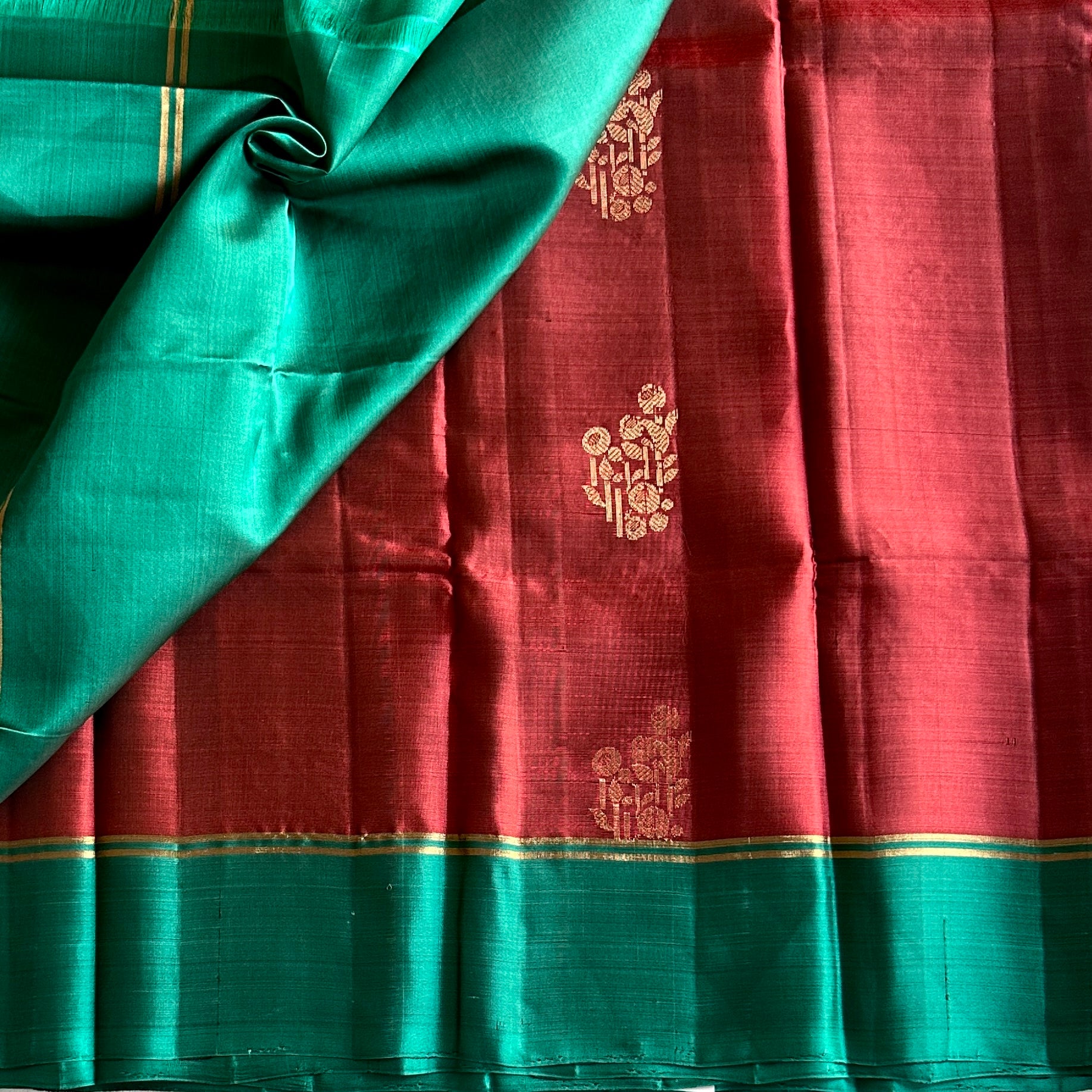 Teal Maroon Silk Saree Gold Zari Geometric Pallu Traditional Wear