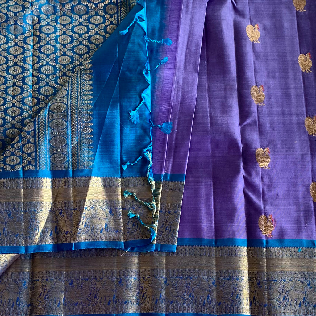 Royal Purple Designer Pure Silk Saree With Teal Blue Pallu