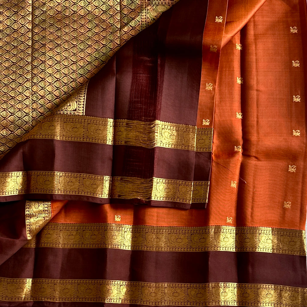 Maroon Rust Orange Silk Saree With Gold Woven Floral Border