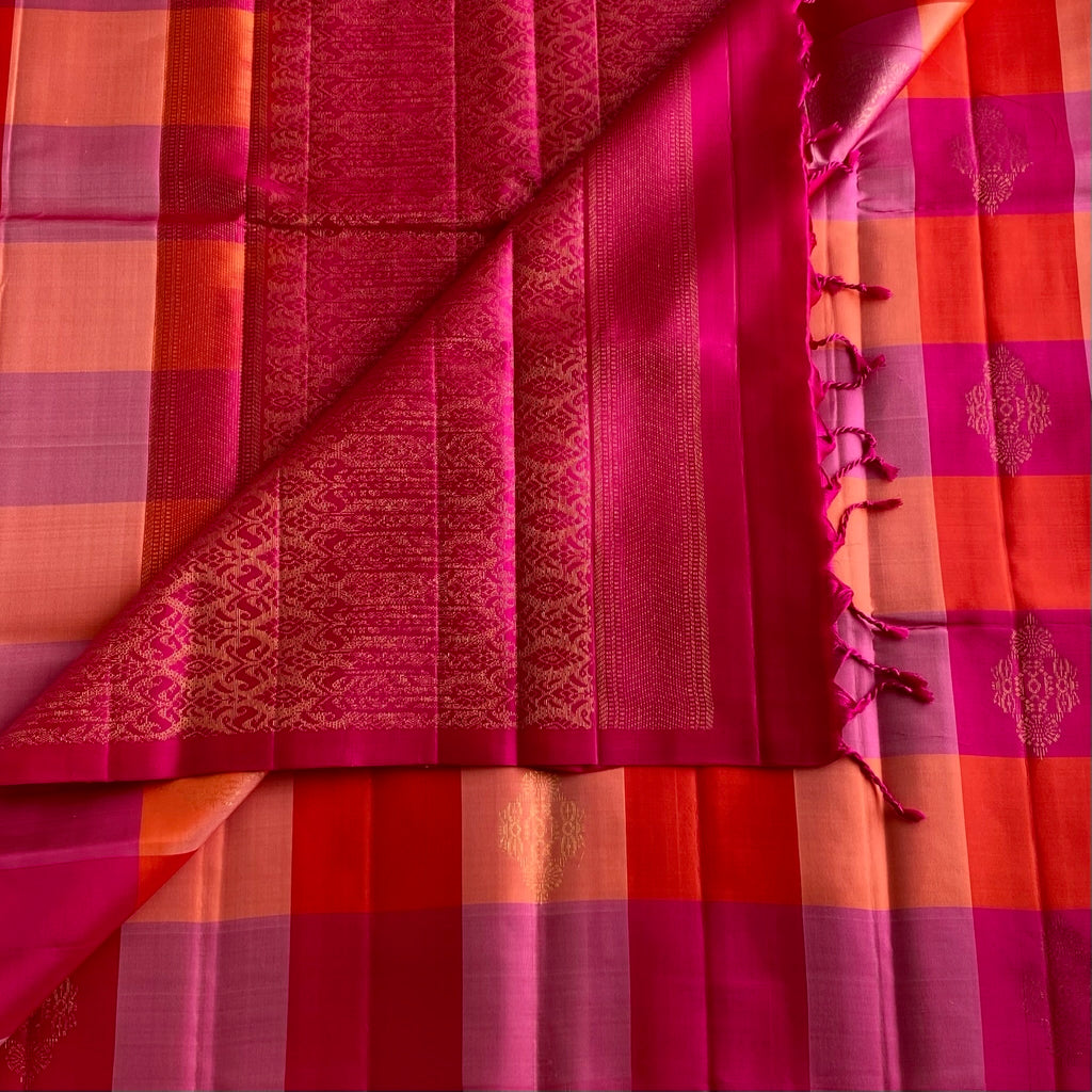 Rani Pink Designer Pure Silk Saree With Coral Orange And Mauve Pink Checks