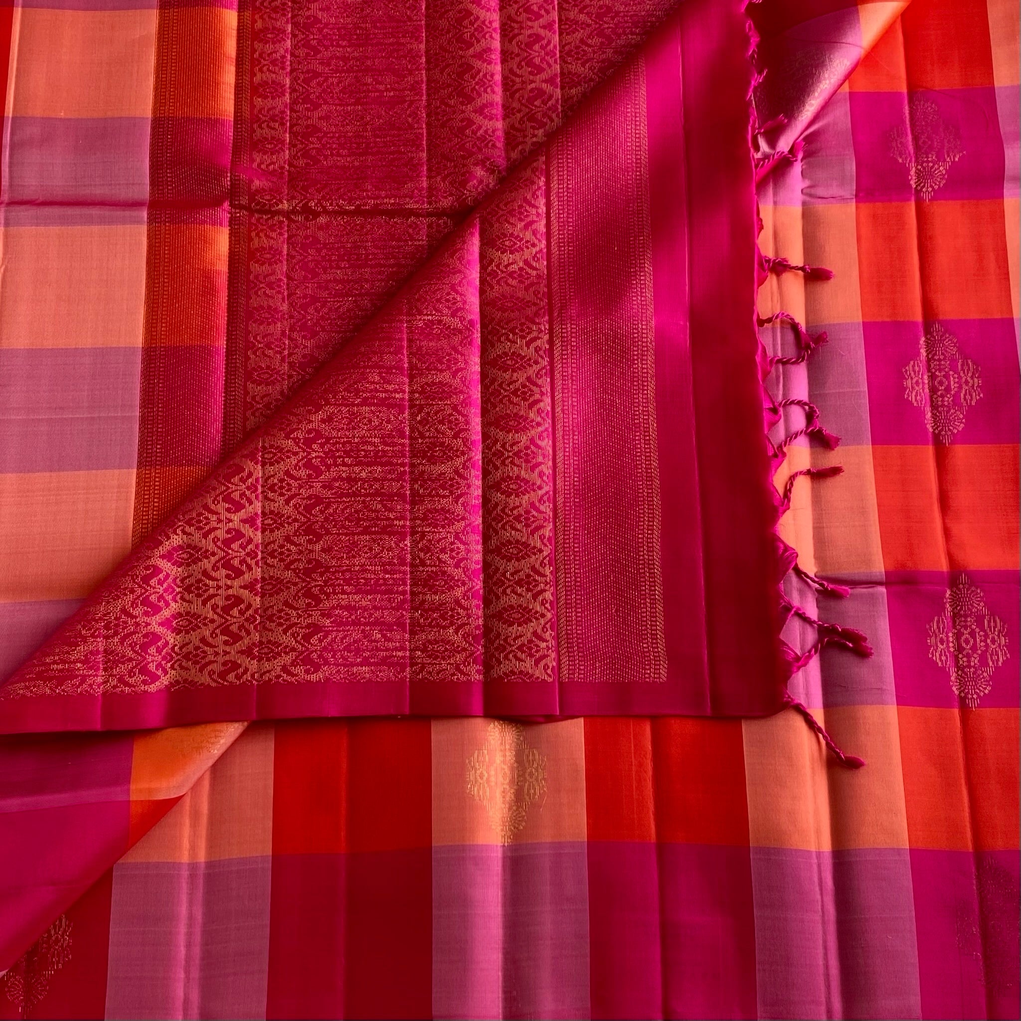 Rani Pink Designer Pure Silk Saree With Coral Orange And Mauve Pink Checks