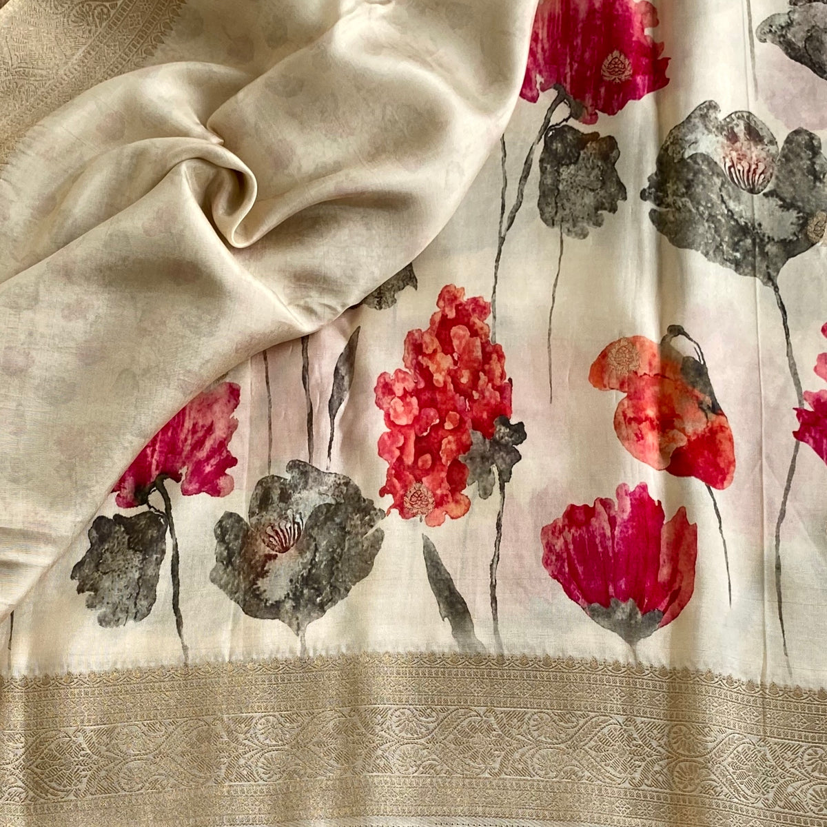 Ivory Pearl Floral Premium Tussar Silk Saree With Antique Zari Borders