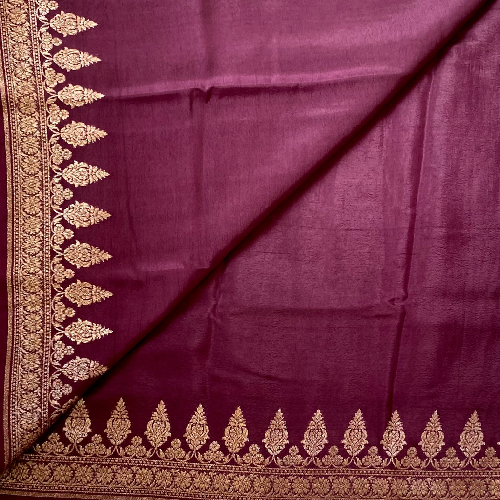 Plum Purple Saree with Rose Gold Brocade Floral Border Pallu