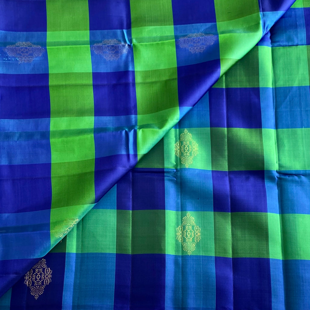 Checkered Blue & Emerald Green Designer Pure Silk with Royal Blue Pallu