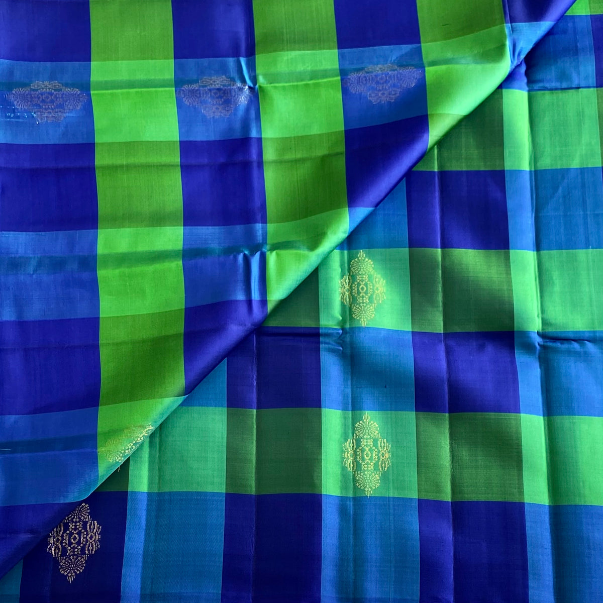 Checkered Blue & Emerald Green Designer Pure Silk with Royal Blue Pallu