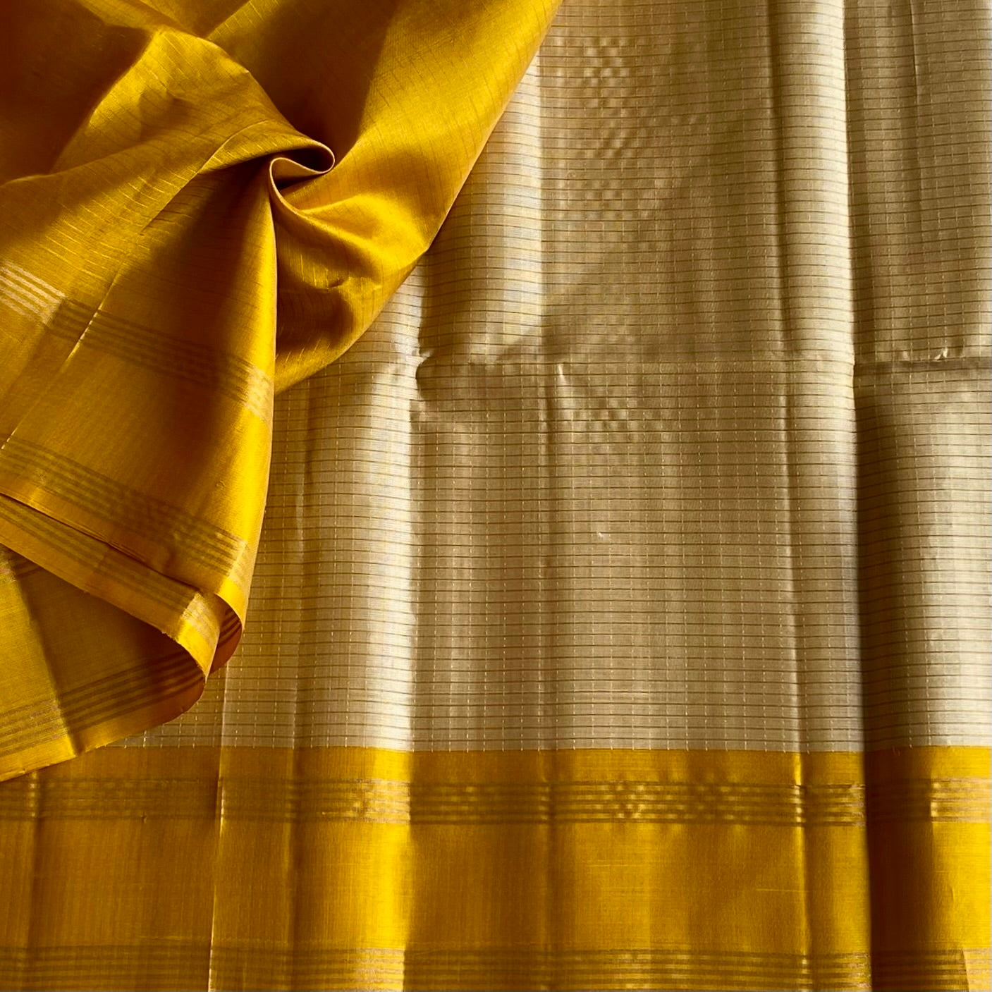 Champagne Beige Designer Pure Silk Saree With Golden Yellow Pallu