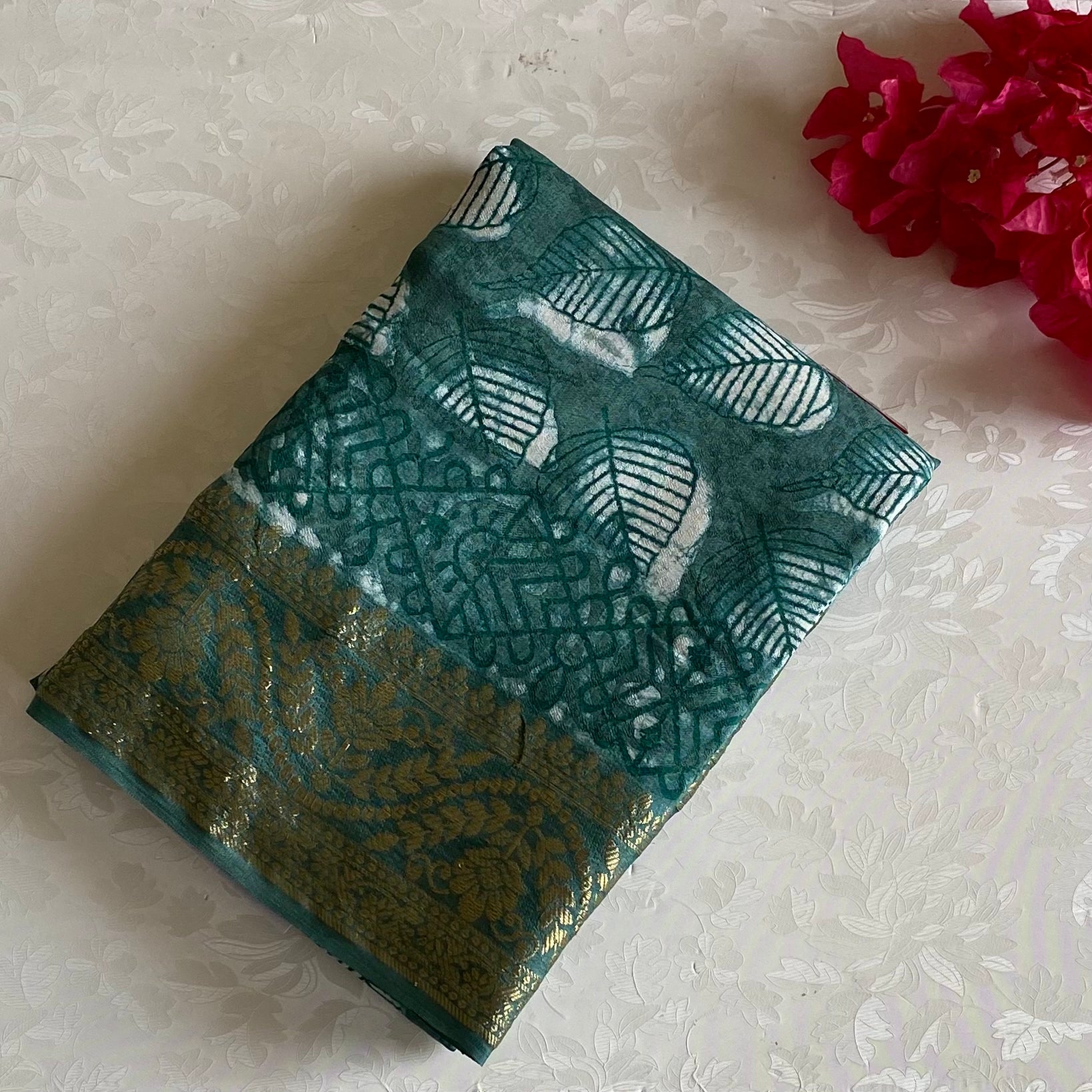 Teal Green Ajrakh Handblock Printed Silk Saree With Antique Gold Brocade