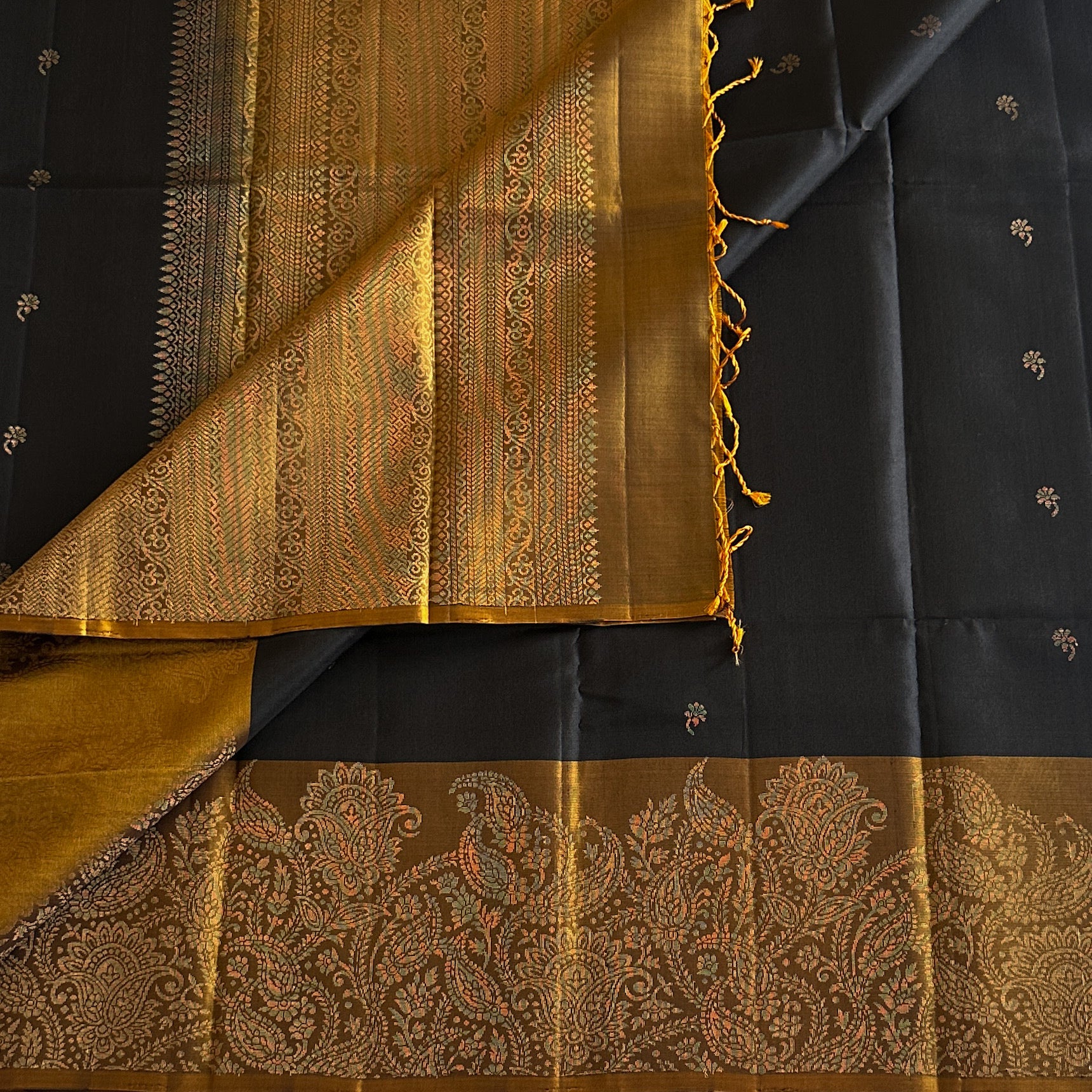 Navy Mustard Zari Paisley Border Silk Saree Elegant Festive Wear