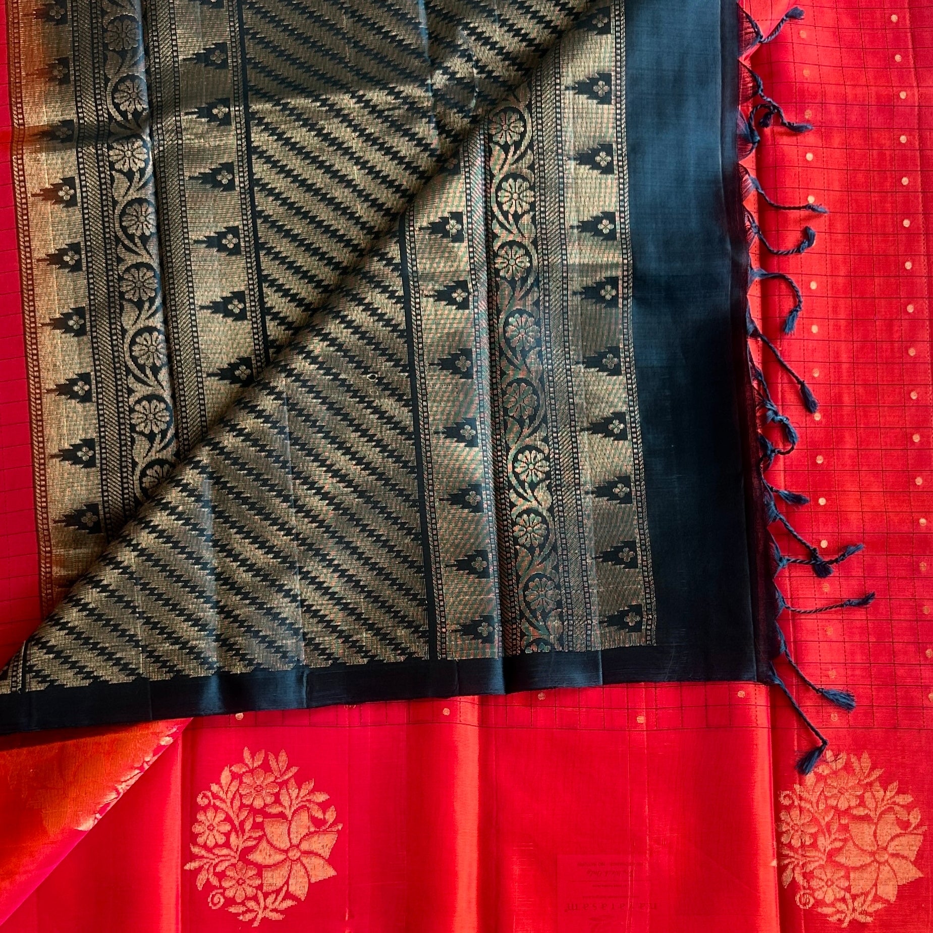 Scarlet Red Teal Pallu Antique Gold Zari Floral Wedding Saree