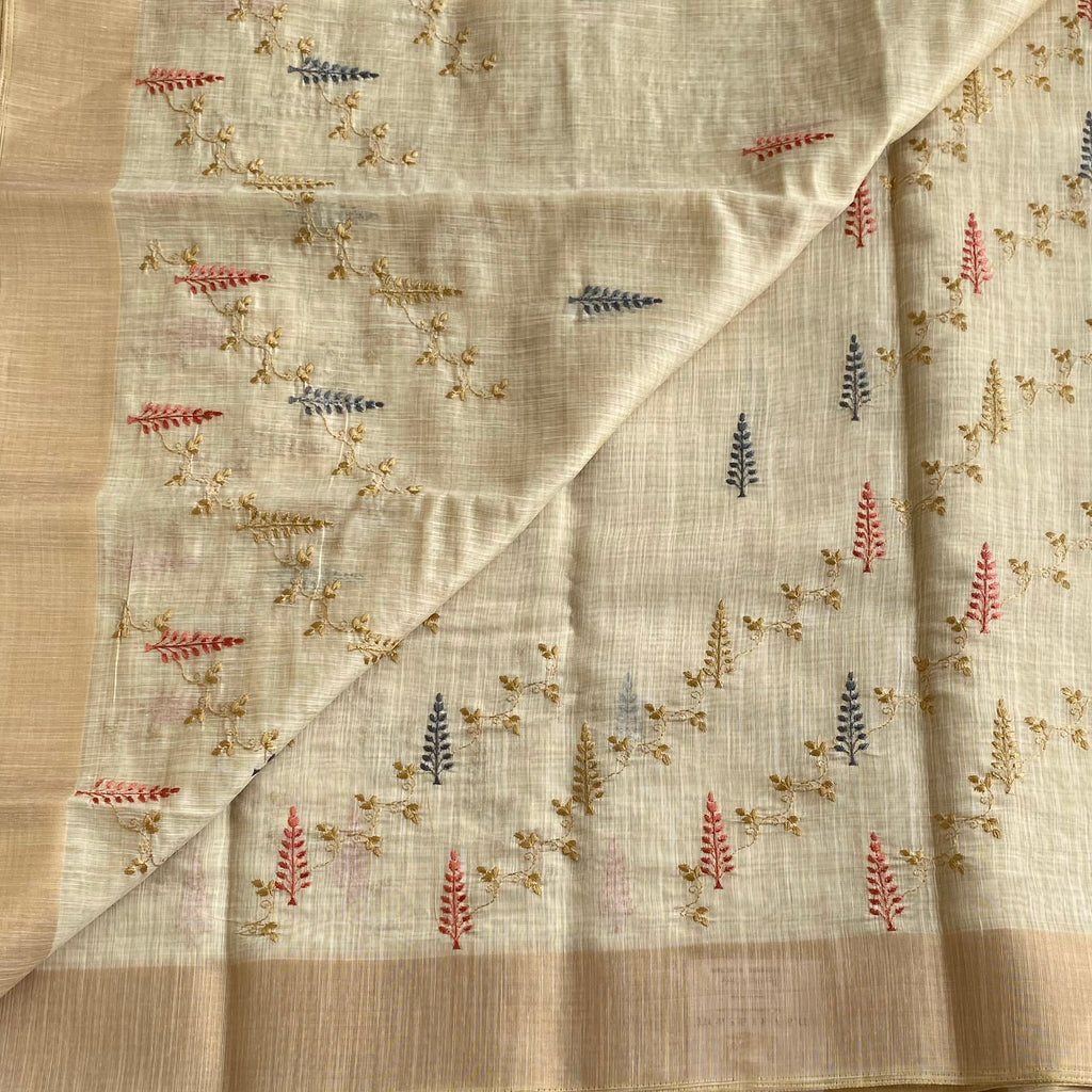 Light Beige Lightweight Tussar Embroidered Motifs With Tan Border Tassels
