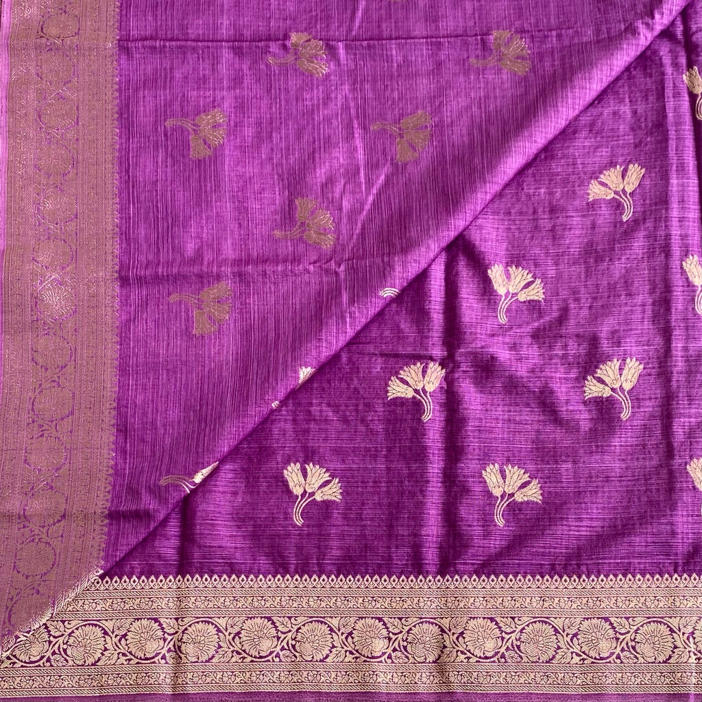 Lilac Soft Tussar Silk Saree With Metallic Gold Border Pallu