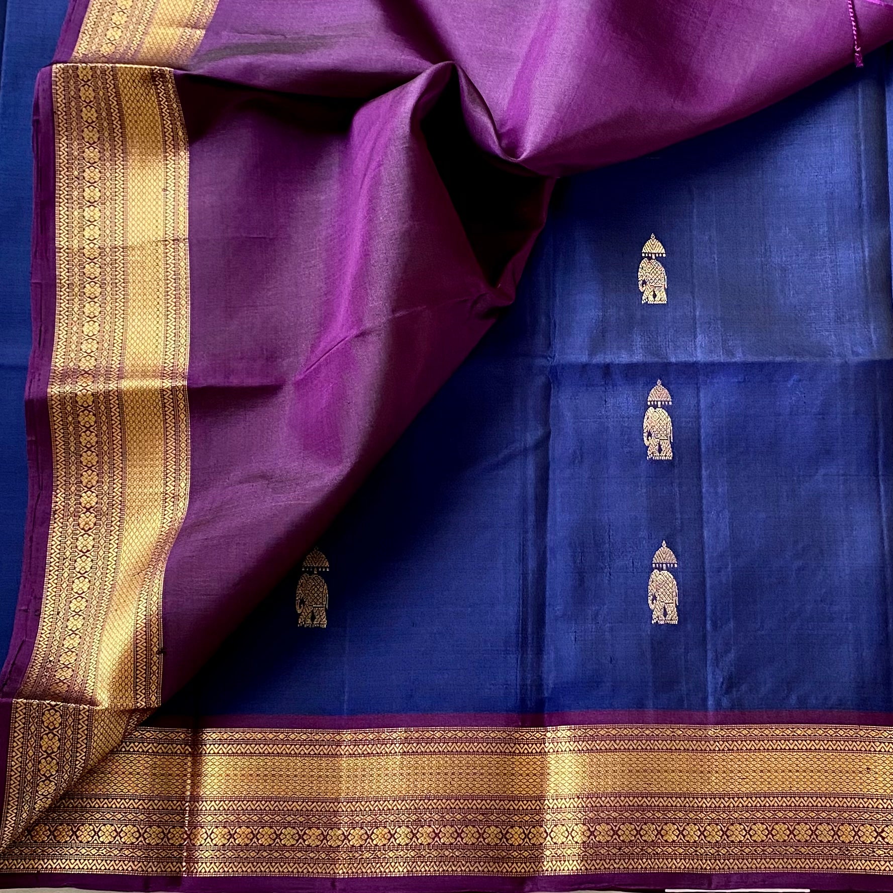 Royal Blue Magenta Silk Saree Gold Zari Elephant Diamond Pallu