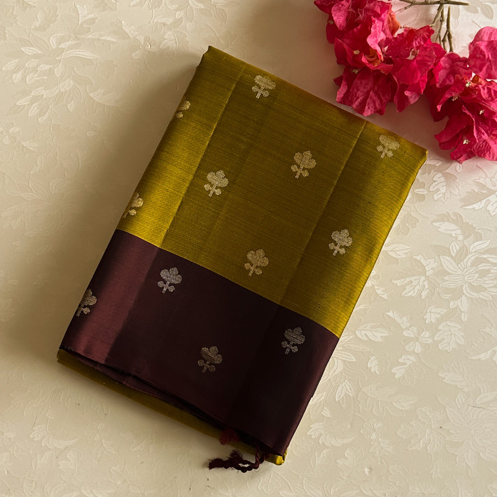 Maroon Mustard Silk Saree Gold Zari Woven Pallu Border Traditional