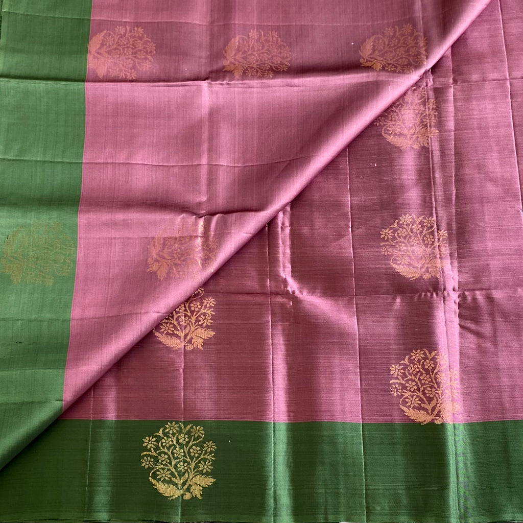 Metallic Onion Pink With Stunner Olive Green Designer Pure Silk