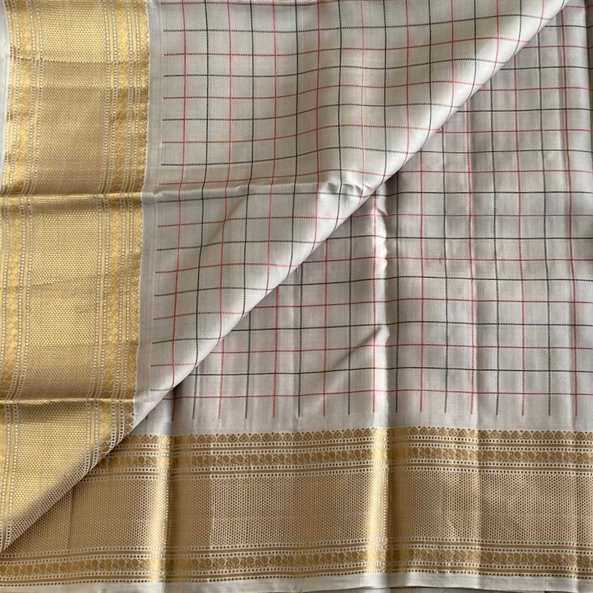 Slate Grey Designer Pure Silk Checkered Beauty With Rich Rani Pink Pallu