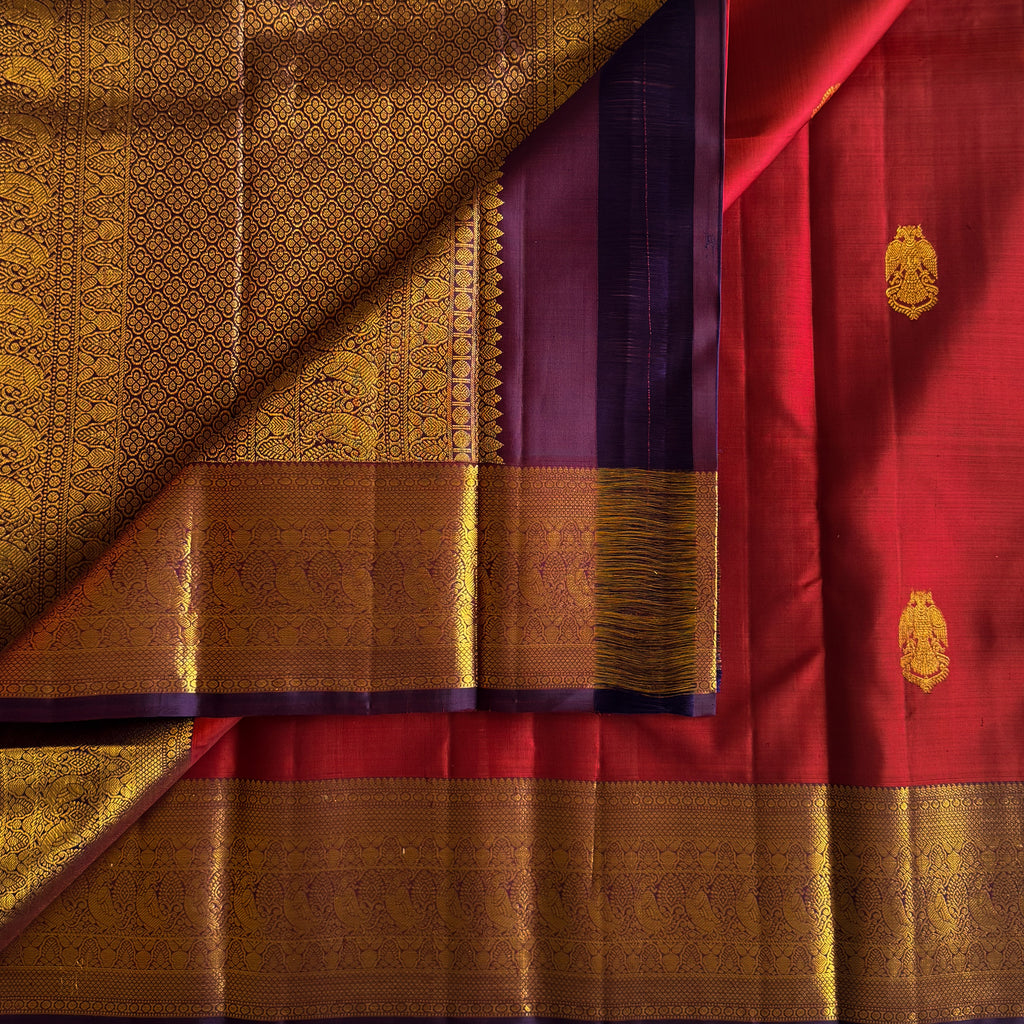Burgundy Gold Brocade Saree with Royal Blue Contrast Body