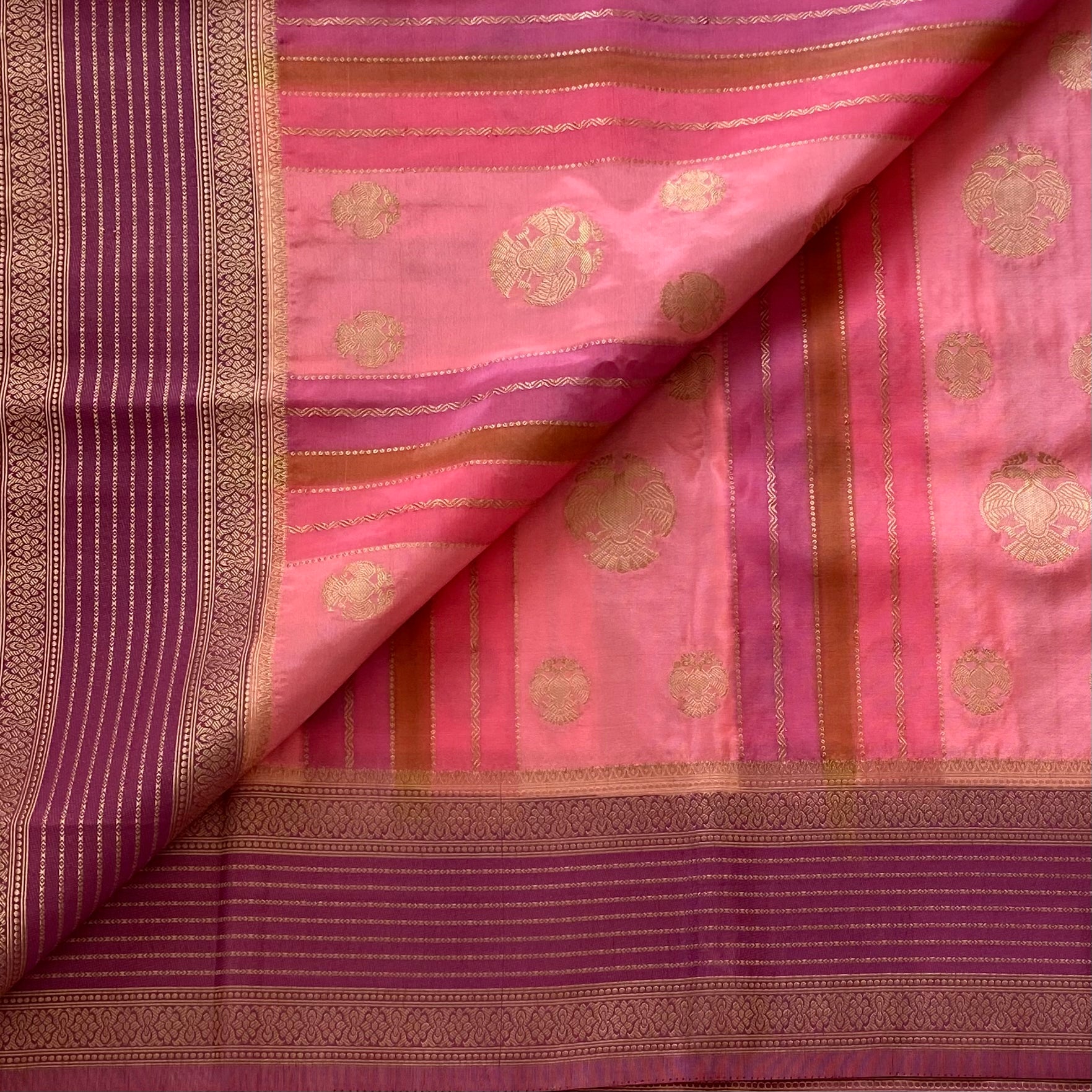 Coral Pink With Plum Soft Crepe Silk with Traditional Gandaberuna Buttas