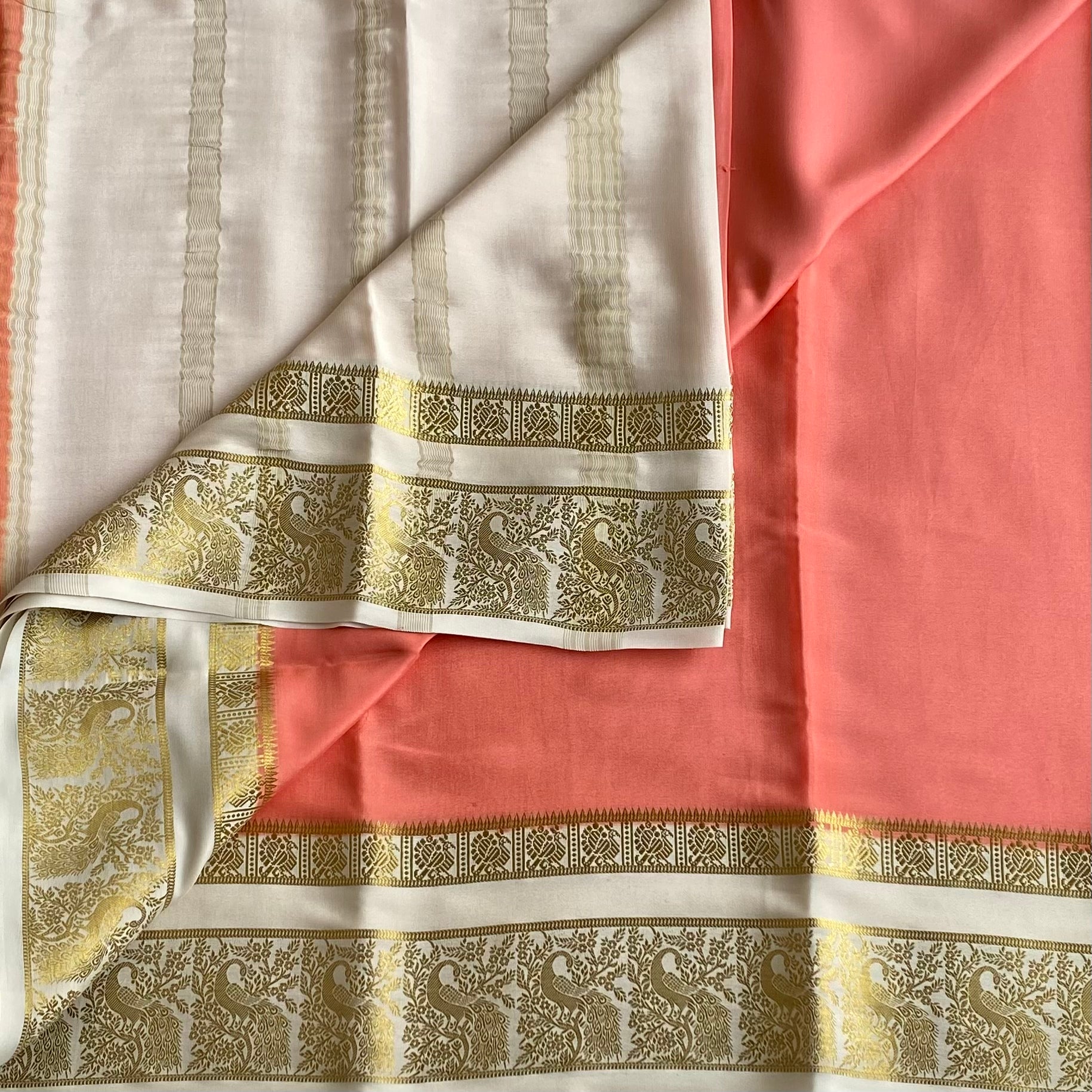 Rare Coral Peach With Ivory Mysore Crepe Silk Saree With Gold Border