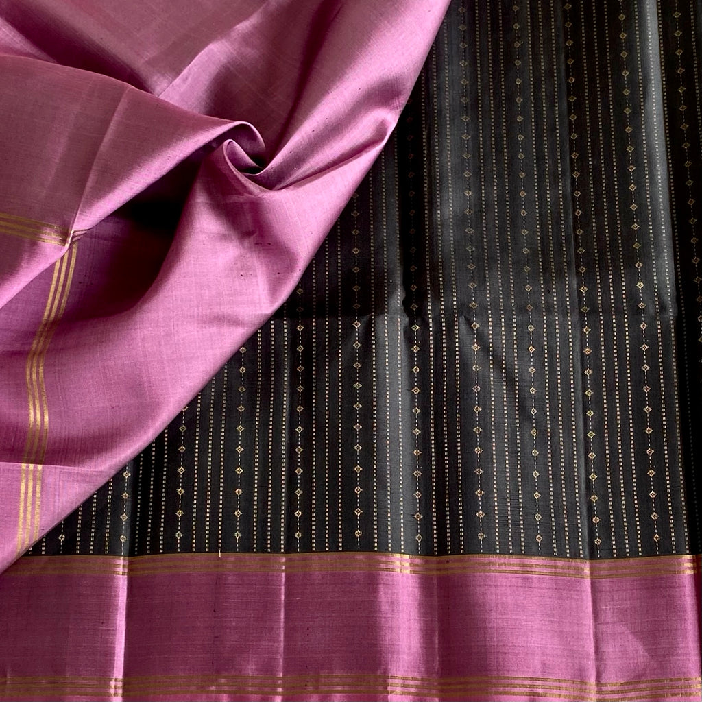 Jet Black Designer Pure Silk Saree With Onion Pink Pallu