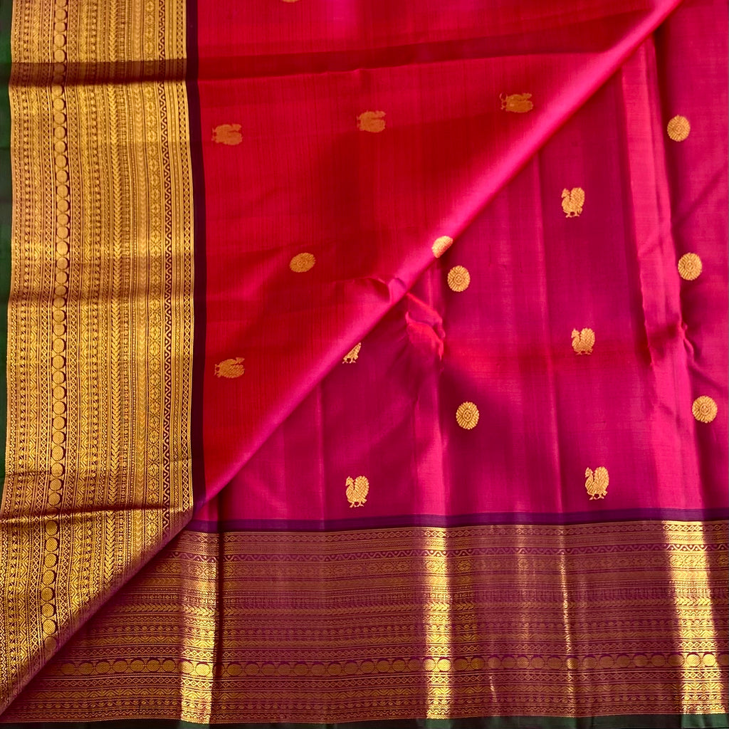Rich Rani Pink Pure Zari Kanjeevaram With Wine Purple