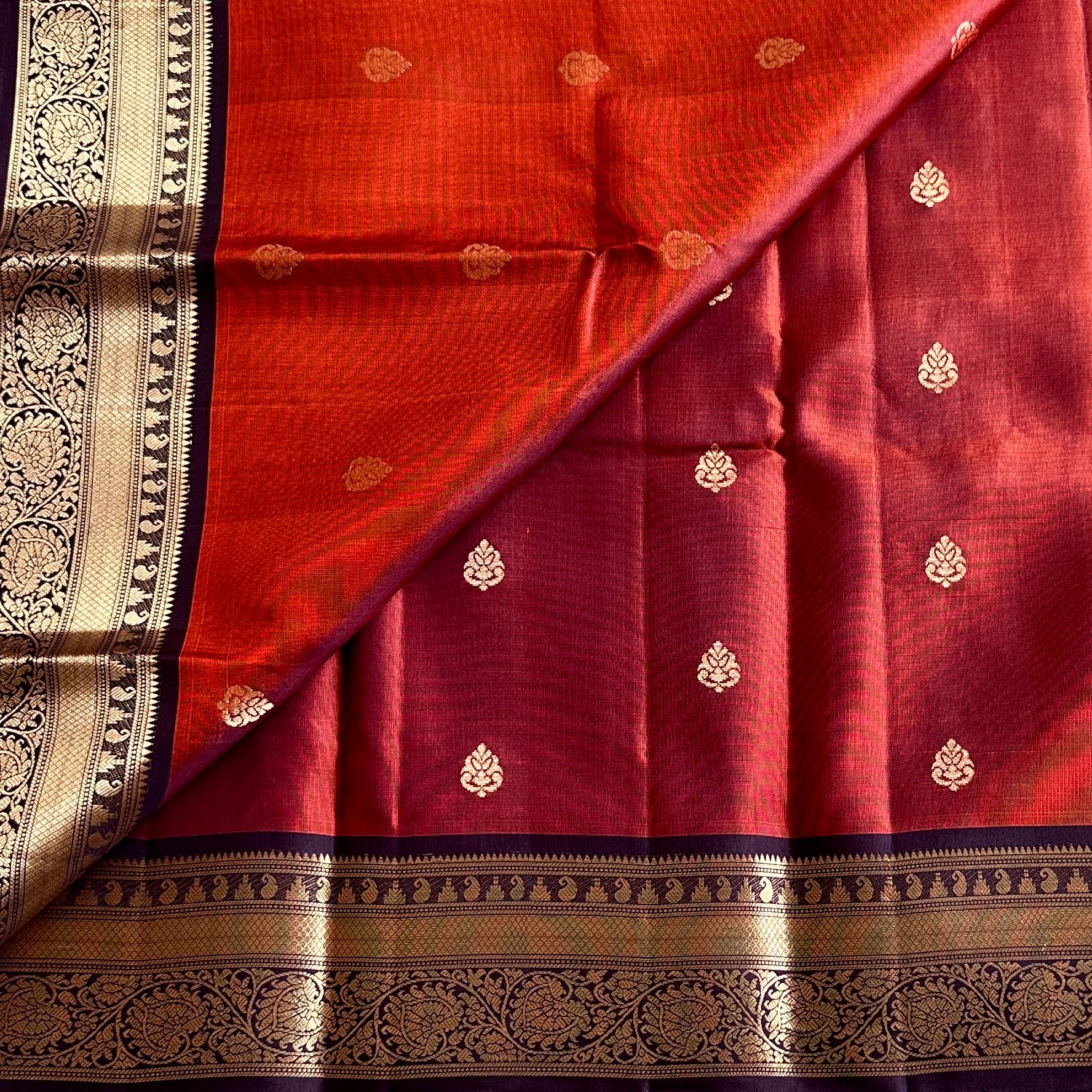 Vintage Rust with Plum Wine Designer Pure Silk with Brocade Borders