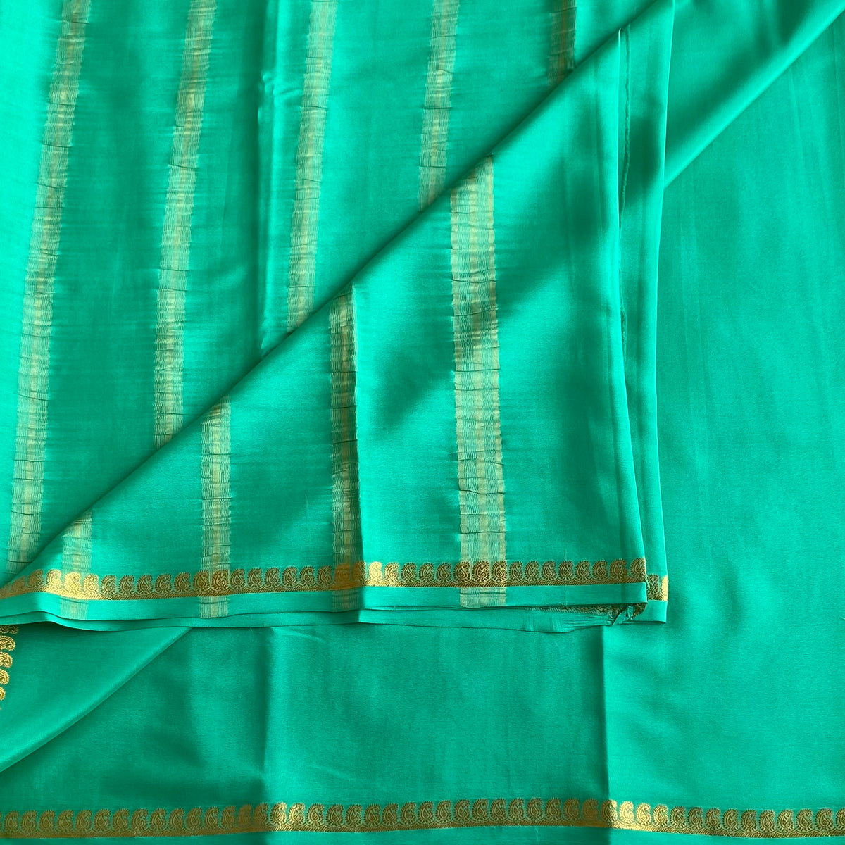 Sea Green Mysore Crepe Silk Saree With Metallic Gold Border