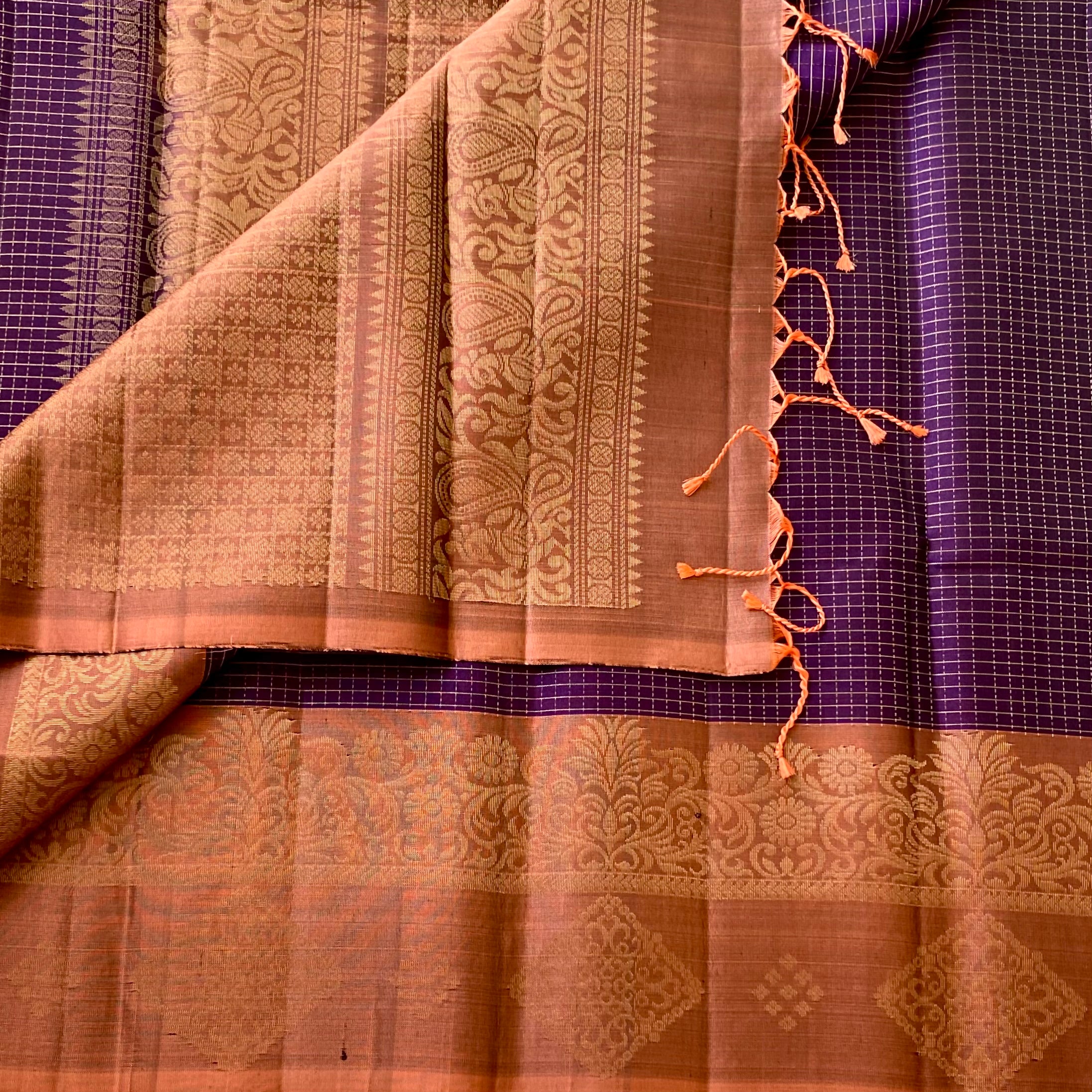 Deep Purple Silk Saree Copper Orange Zari Pallu Traditional Border