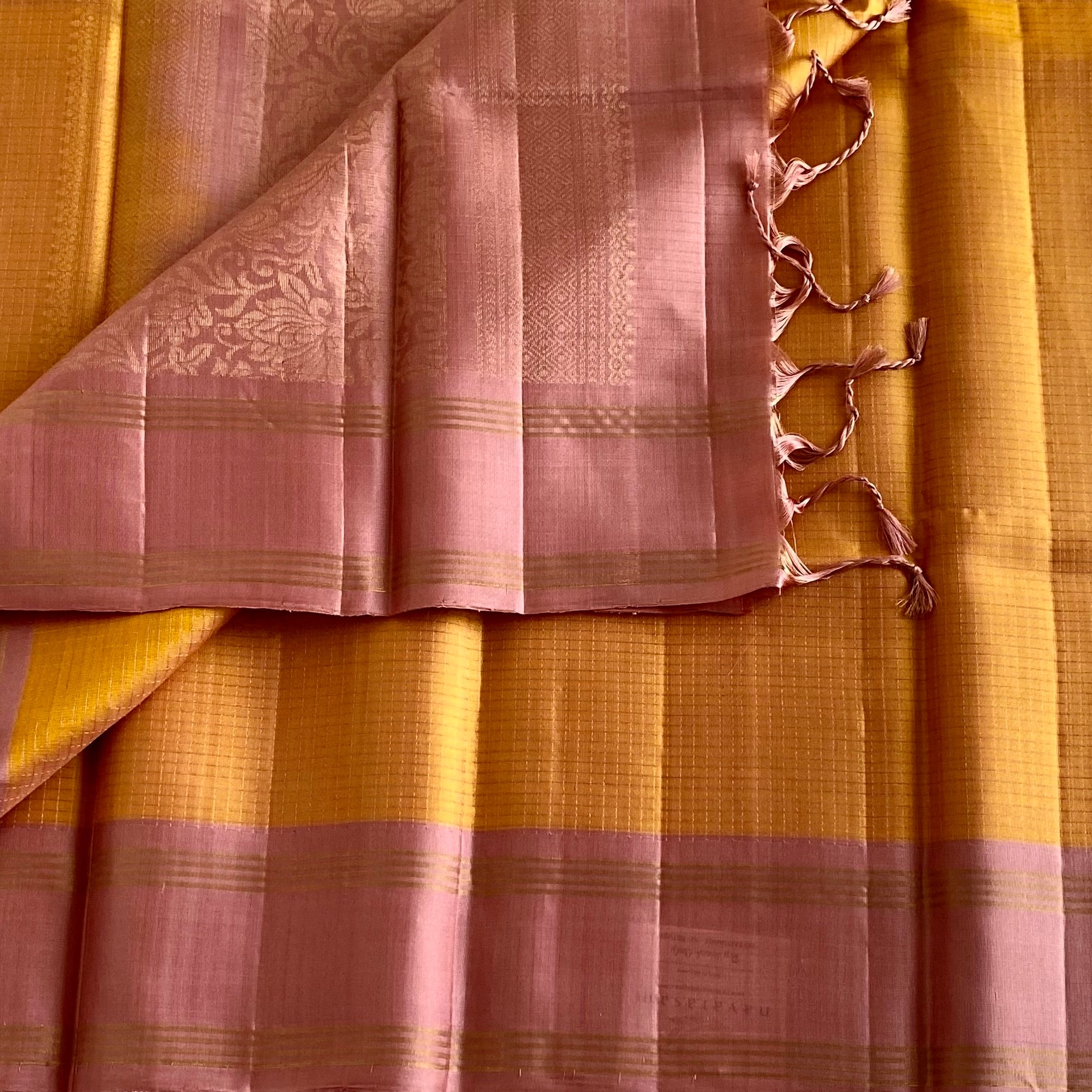 Mustard Checkered Designer Pure Silk Saree With Dusty Rose Pallu
