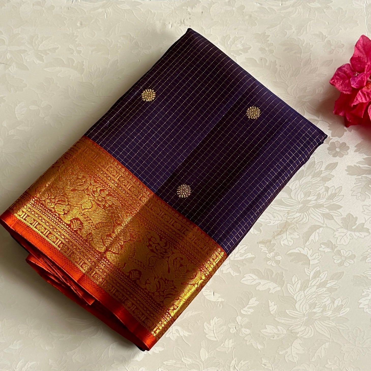 Indigo Classic vintage combination with rust tiny checkered pure Kanjeevaram