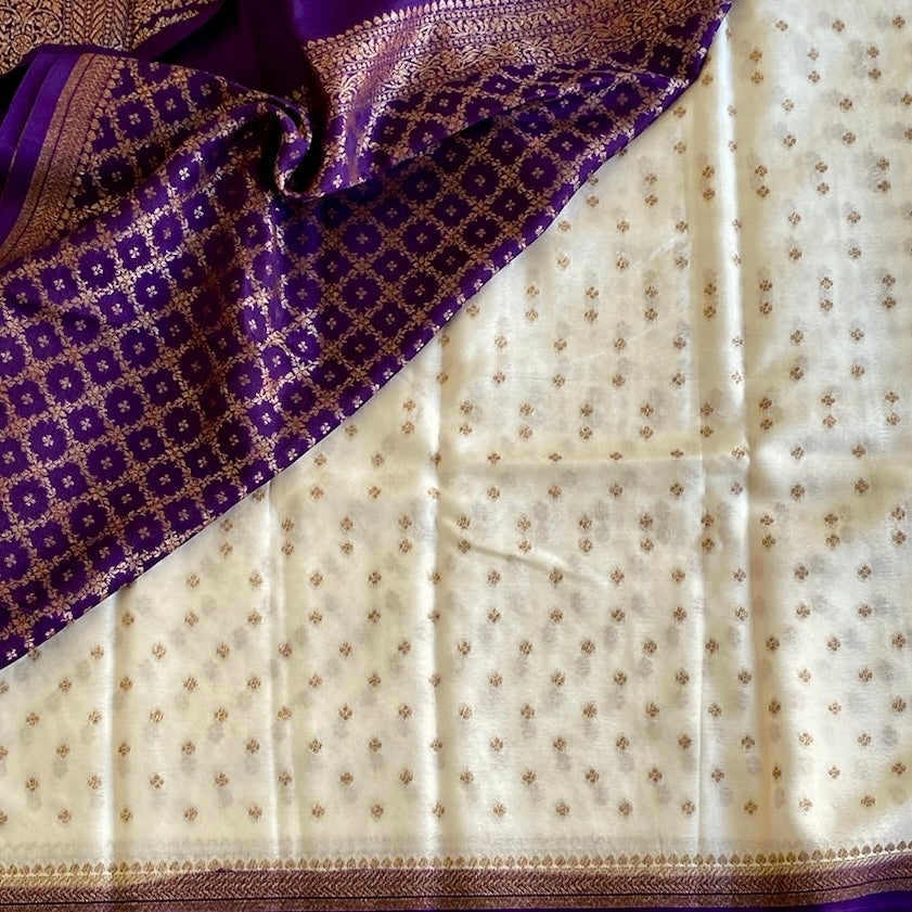 Ivory Banarasi Soft Crepe Silk Saree With Royal Purple Pallu