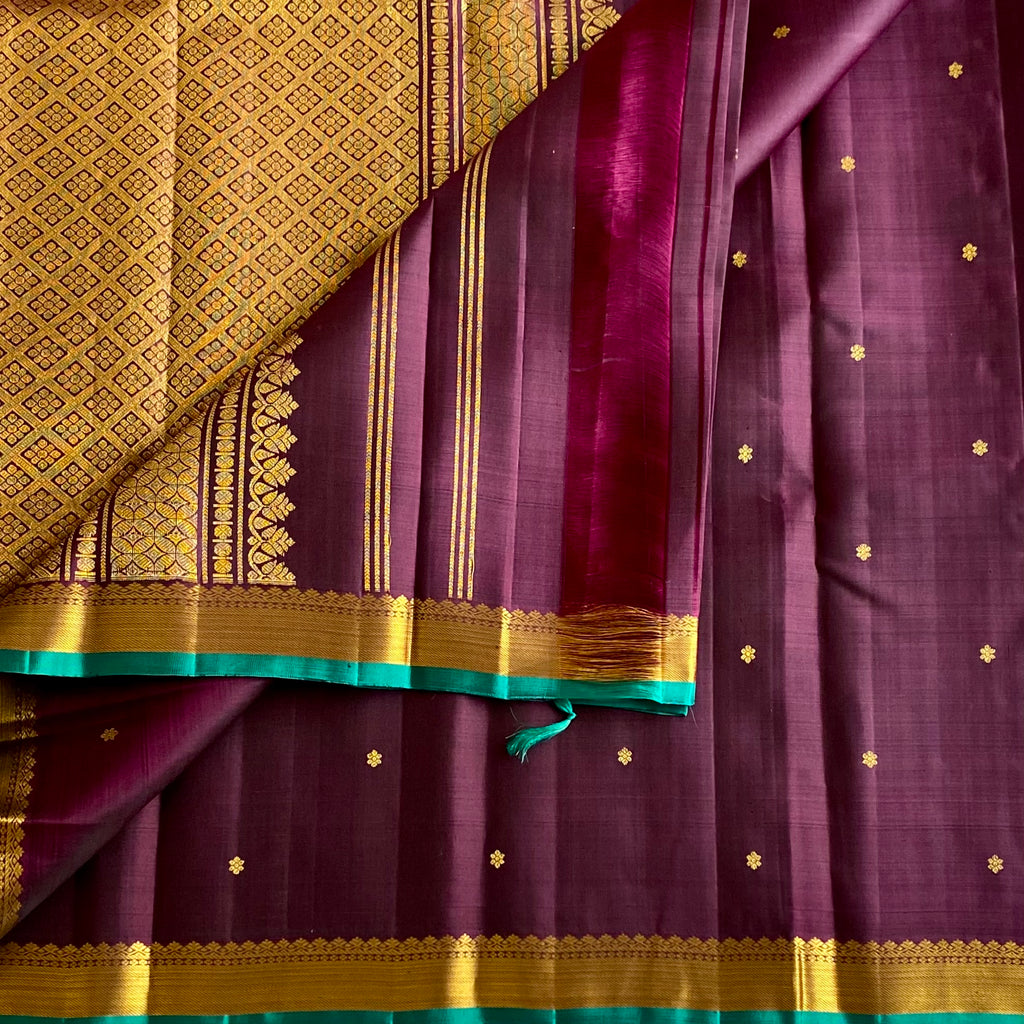 Plum Brown Kanjeevaram Pure Zari Silk Saree With Metallic Gold Pallu