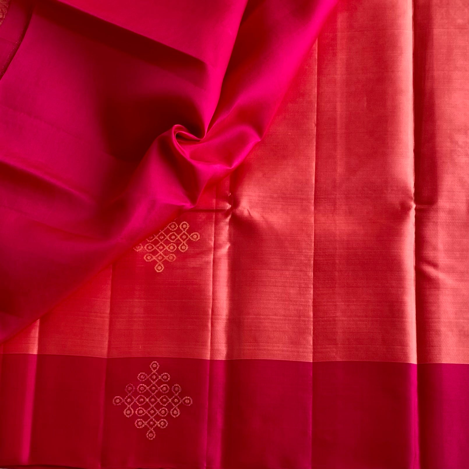 Coral Peach Kollam Designer Pure Silk With Rani Pink Contrast