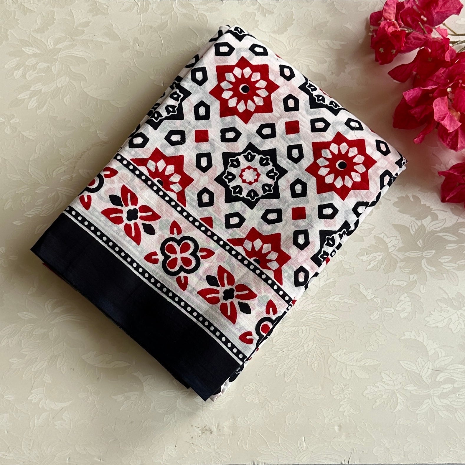 Navy Blue Crimson Floral Block Print Cotton Saree Traditional Wear