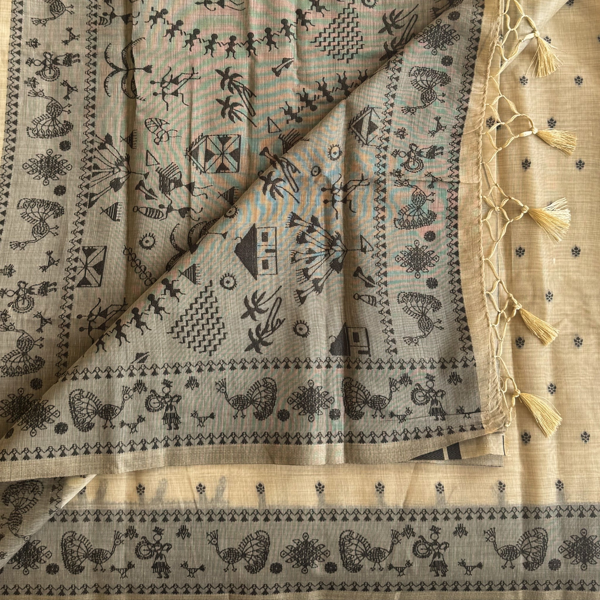 Beige Slate Grey Folk Print Saree With Tassel Border Handloom