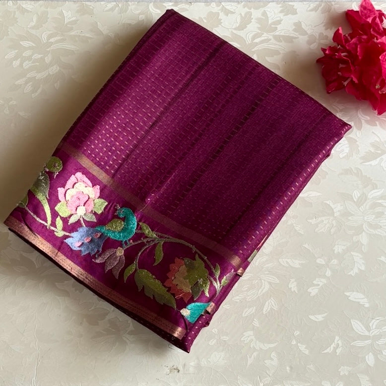 Deep Magenta Soft Tussar Silk Saree With Antique Gold Accents