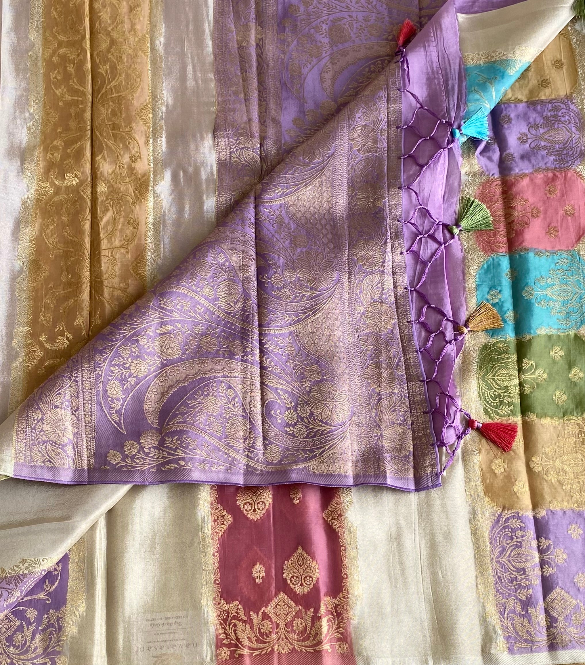 Ivory Multi Shade Soft Crepe Silk Saree With Lavender Purple Pallu