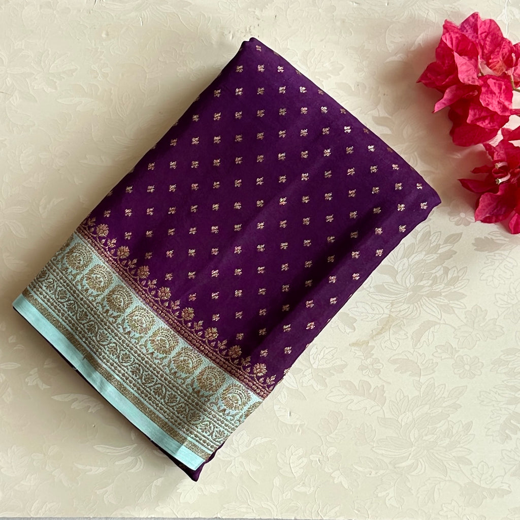 Turquoise Gold Banarasi Silk Saree with Purple Contrast Blouse Piece
